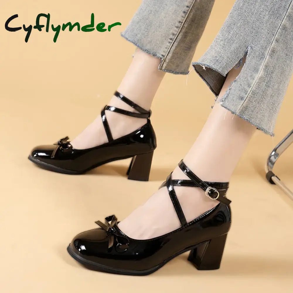 Black Mary Jane Women Pumps Thick High Heels Shoes Female Lolita Square Toe Shoes Spring Fashion Party Leather Woman Shoes New