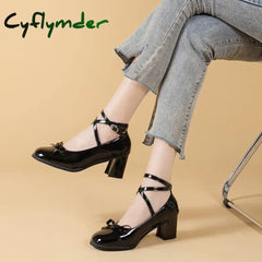 Cyflymder Back To School Black Mary Jane Women Pumps Thick High Heels Shoes Female Lolita Square
