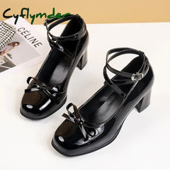 Cyflymder Back To School Black Mary Jane Women Pumps Thick High Heels Shoes Female Lolita Square