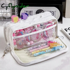 Cyflymder Back To School Black & White Pencil Bag Pen Case Transparent Front Belt Buckle Multi