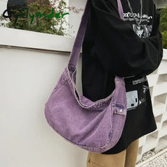 Cyflymder Back To School Canvas Retro Ladies Commute Bag Denim Versatile Shoulder Solid Color Women