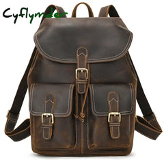 Cyflymder Back To School Genuine Leather Backpack Men Vintage Crazy Horse Bucket Daypack Large