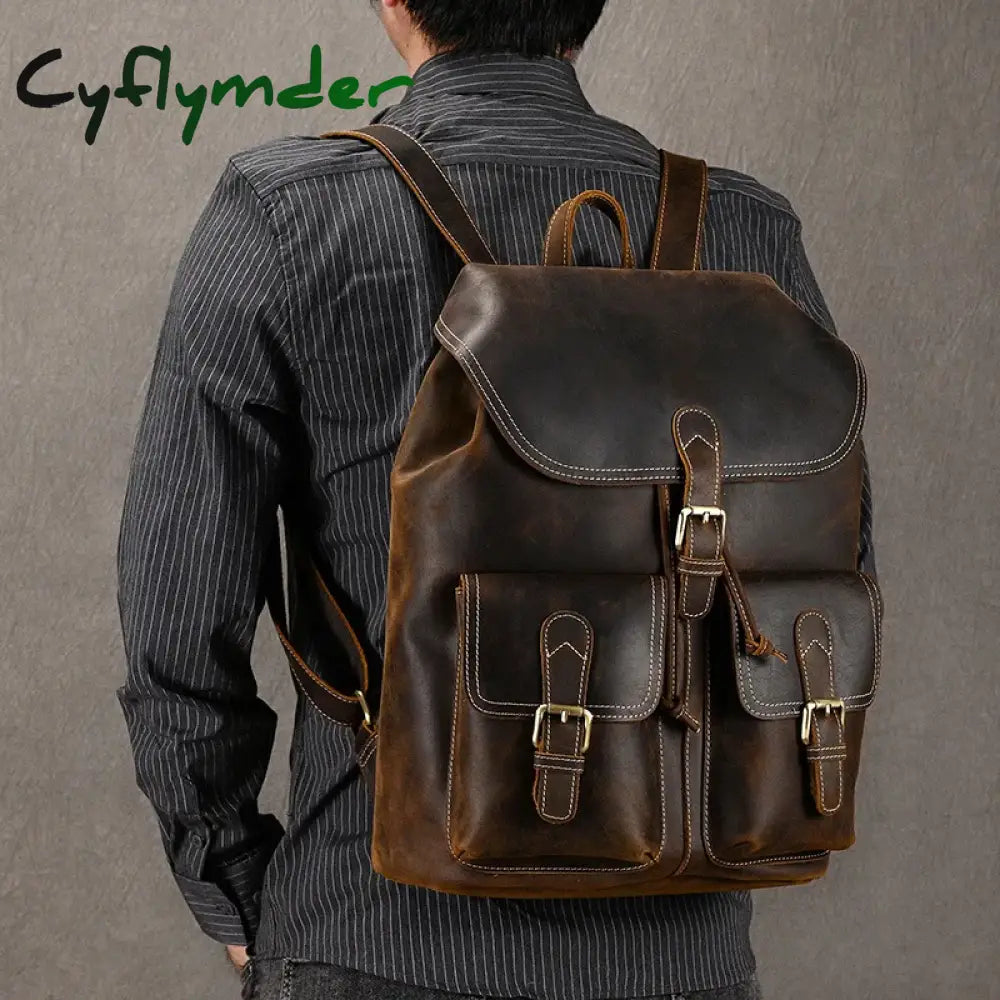 BACK TO SCHOOL Genuine Leather Backpack Men Vintage Crazy Horse Leather Bucket Daypack Large Capacity Male Travel Backpack School Bags