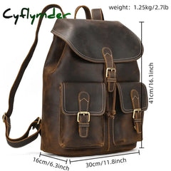 Cyflymder Back To School Genuine Leather Backpack Men Vintage Crazy Horse Bucket Daypack Large