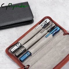 Cyflymder Back To School Genuine Leather Fountain Pen Case 3 Divided Slots Zippered Pouch Handmade