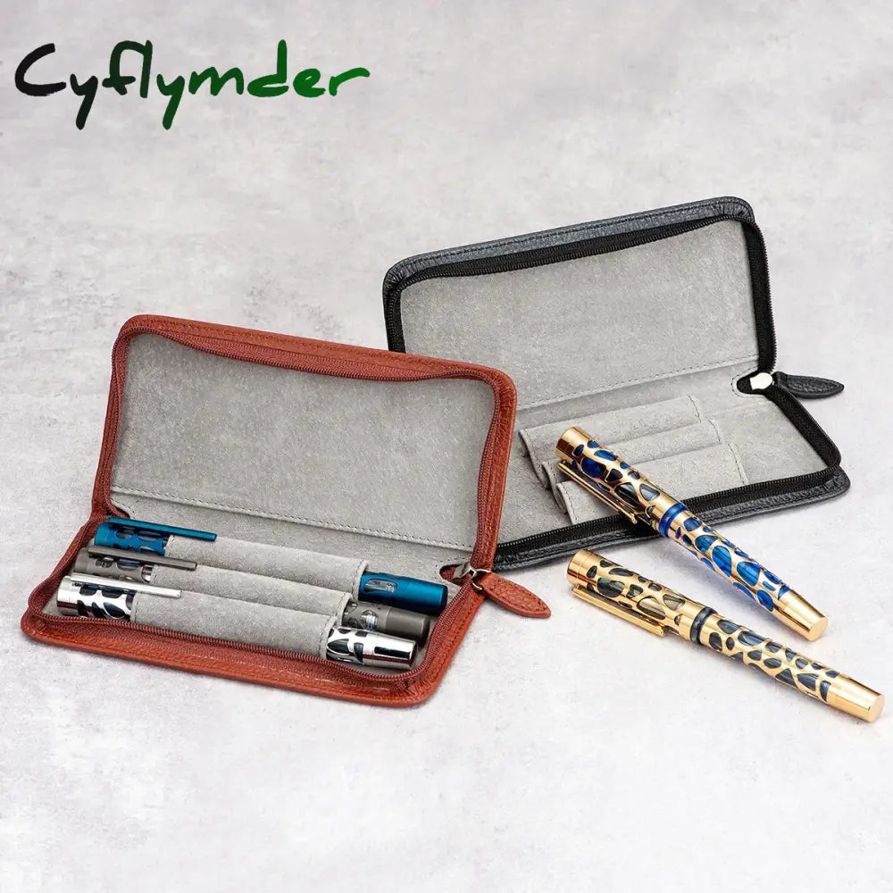 BACK TO SCHOOL Genuine Leather Fountain Pen Case 3 Divided Slots, Zippered Pen Case Pouch, Handmade Display Pen Holder, Black/ Brown