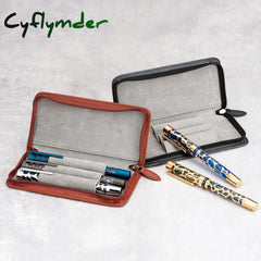BACK TO SCHOOL Genuine Leather Fountain Pen Case 3 Divided Slots, Zippered Pen Case Pouch, Handmade Display Pen Holder, Black/ Brown