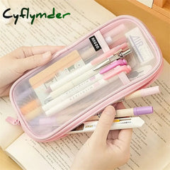 Cyflymder Back To School Grid Mesh Pen Pencil Case With Zipper Clear Makeup Color Pouch Cosmetics