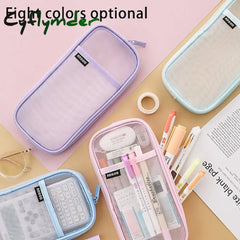 Cyflymder Back To School Grid Mesh Pen Pencil Case With Zipper Clear Makeup Color Pouch Cosmetics