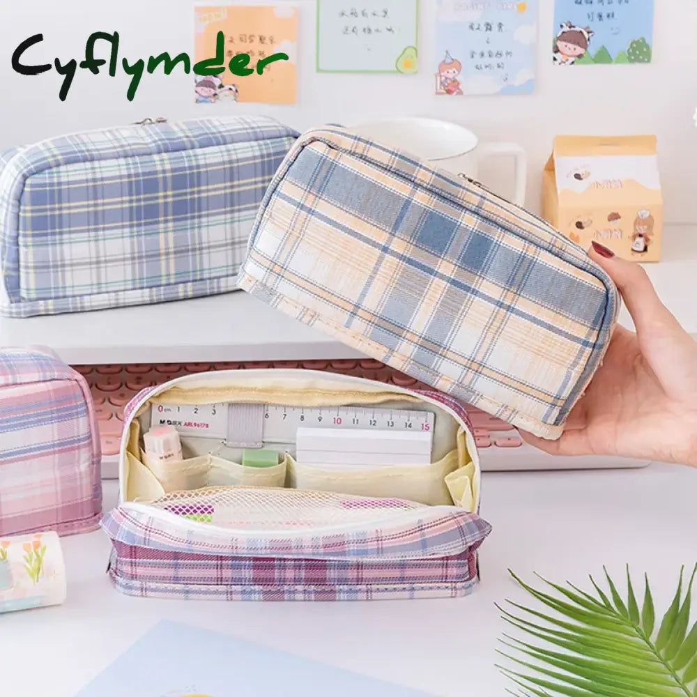 BACK TO SCHOOL Grid Pencil Case Kawaii Stationery Pencils Case Large Capacity Estuche Escolar Pencilcase School Supplies Pencil Cases For Girls