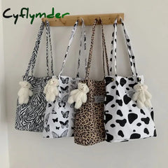 Cyflymder Back To School Korean Chic Big Casual Tote Bag Leopard Shoulder Ladies Canvas New