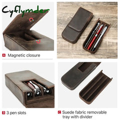 Cyflymder Back To School Luxury Genuine Leather 3 Slots Pen Case With Removable Tray Holder Pencil