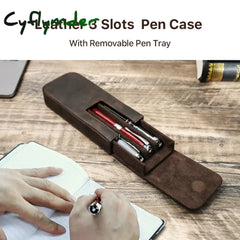 Cyflymder Back To School Luxury Genuine Leather 3 Slots Pen Case With Removable Tray Holder Pencil