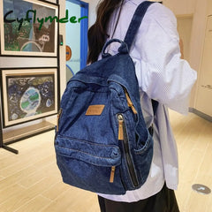 Cyflymder Back To School Multi Pocket Fashion Denim Women Backpack Male Female Laptop College