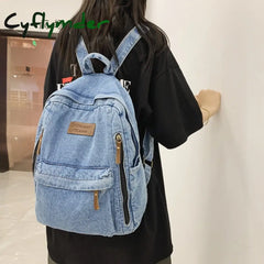 Cyflymder Back To School Multi Pocket Fashion Denim Women Backpack Male Female Laptop College