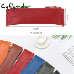 Cyflymder Back To School Natural Leather Zipper Pen Pencil Case Bag Pebbled Grain Creative School