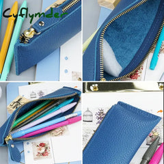Cyflymder Back To School Natural Leather Zipper Pen Pencil Case Bag Pebbled Grain Creative School
