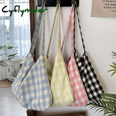 Cyflymder Back To School Retro Plaid Women’s Canvas Shoulder Bag Casual College Girls Book Tote