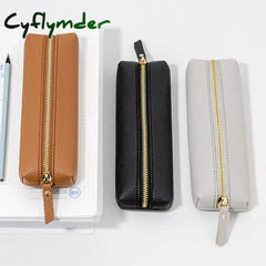 Cyflymder Back To School Simple Pu Leather Pen Bag Solid Color Large Capacity Soft Stationery Case
