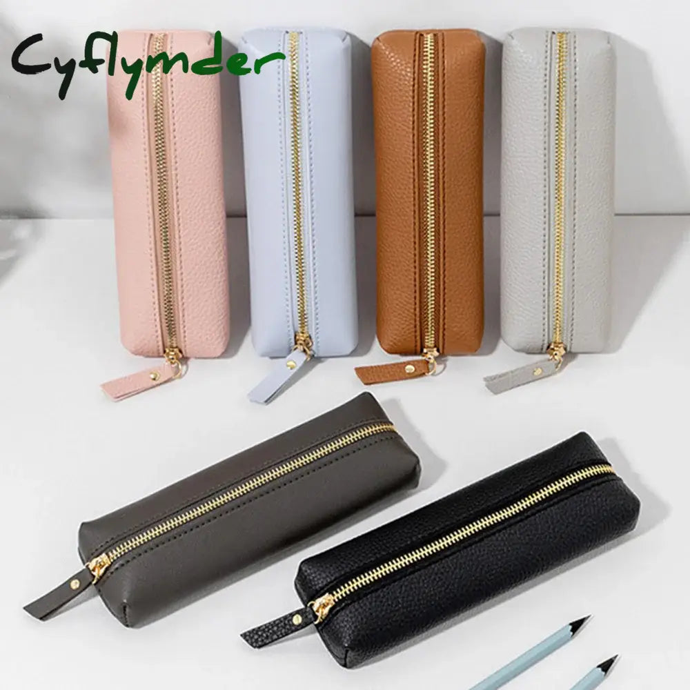 BACK TO SCHOOL Simple Pu Leather Pen Bag Solid Color Large Capacity Soft Stationery Bag Pen Case Zipper Pencil Pouch Student School Supplies