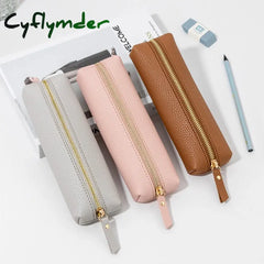 Cyflymder Back To School Simple Pu Leather Pen Bag Solid Color Large Capacity Soft Stationery Case
