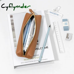 Cyflymder Back To School Simple Pu Leather Pen Bag Solid Color Large Capacity Soft Stationery Case