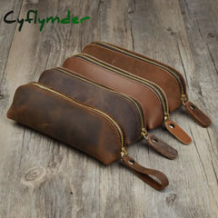 Cyflymder Back To School Vintage Leather Pencil Bag Simple Stationery Hoder Pen Case Storage Zipper