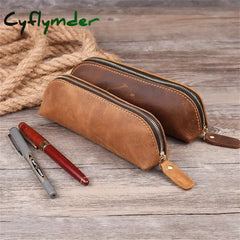 Cyflymder Back To School Vintage Leather Pencil Bag Simple Stationery Hoder Pen Case Storage Zipper