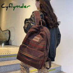 Cyflymder Back To School Vintage Plaid Woollen Cloth Women’s Backpack Student Book Backpacks For