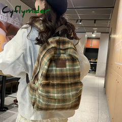 Cyflymder Back To School Vintage Plaid Woollen Cloth Women’s Backpack Student Book Backpacks For