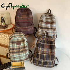 Cyflymder Back To School Vintage Plaid Woollen Cloth Women’s Backpack Student Book Backpacks For