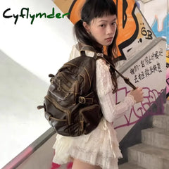 Cyflymder Back To School Vintage Y2K Womens Backpack Brown Original Casual Large Capacity Leather