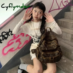 BACK TO SCHOOL Vintage Y2k Womens Backpack Brown Original Casual Large Capacity Leather Men Travel Backpack Designer Fashion Female Bag