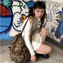 Cyflymder Back To School Vintage Y2K Womens Backpack Brown Original Casual Large Capacity Leather