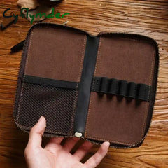 Cyflymder Back To School Zipper Retro Pen Pouch Leather Pencils Case For School Students Cowhide