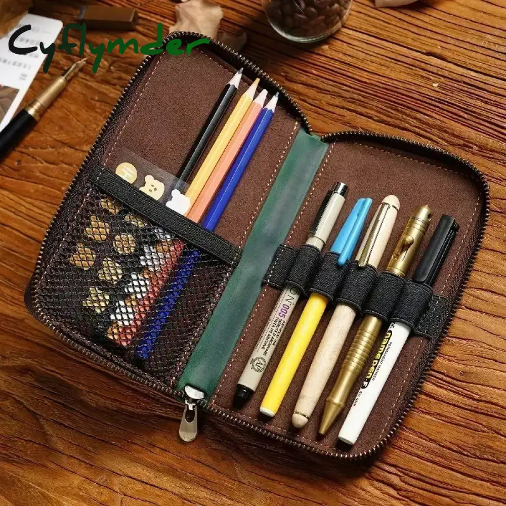 BACK TO SCHOOL Zipper Retro Pen Pouch Leather Pencils Case For School Students Cowhide Men Pencil Bag with Pens Slots