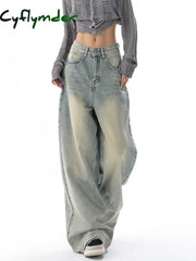 Cyflymder Baggy Washed Blue Jeans Women Y2k Vintage High Waist Casual Wide Leg Straight Denim Trousers Korean Fashion
