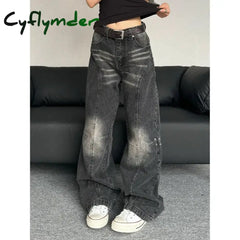 Cyflymder Baggy Y2K Vintage Black Jeans America Retro Oversize Harajuku Wide Leg Denim Pants Grunge