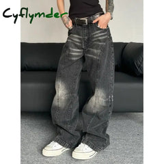 Cyflymder Baggy Y2K Vintage Black Jeans America Retro Oversize Harajuku Wide Leg Denim Pants Grunge