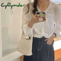 Cyflymder Beach Crochet Handbag For Women Girls Summer Straw Rope Hollow Out Hand Woven Totes Bag