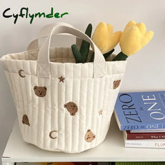 Cyflymder Bear Embroidery Women Lunch Bag Soft Canvas Quilting Design Food Storage Bucket Handbag