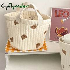 Cyflymder Bear Embroidery Women Lunch Bag Soft Canvas Quilting Design Food Storage Bucket Handbag