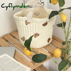 Cyflymder Bear Embroidery Women Lunch Bag Soft Canvas Quilting Design Food Storage Bucket Handbag