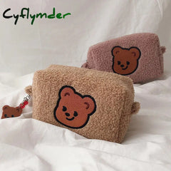 Cyflymder Bear Flannel Cosmetic Bag Portable Large Capacity Wash Women Travel Makeup Brush