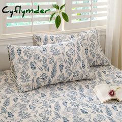 Cyflymder Bed Sheet with Elastic Washed Cotton Blue Flower Printed Fitted Sheet Single/Queen/King Mattress Cover for