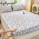 Cyflymder Bed Sheet with Elastic Washed Cotton Blue Flower Printed Fitted Sheet Single/Queen/King Mattress Cover for