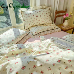 Cyflymder Bedding Set Cotton Printing Korean Style Lace Models Four-piece Bed Sheet Set Duvet Cover Pillowcase Home