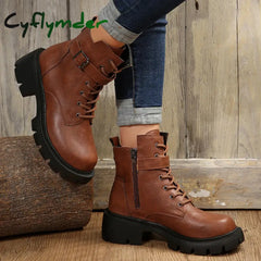 Cyflymder Belt Buckle Platform Combat Boots Women Chunky Heels Lace Up Ankle Woman Side Zipper Pu