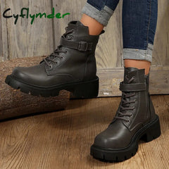 Cyflymder Belt Buckle Platform Combat Boots Women Chunky Heels Lace Up Ankle Woman Side Zipper Pu