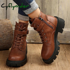 Belt Buckle Platform Combat Boots Women Chunky Heels Lace Up Ankle Boots Woman Side Zipper PU Leather Short Booties Plus Size 43